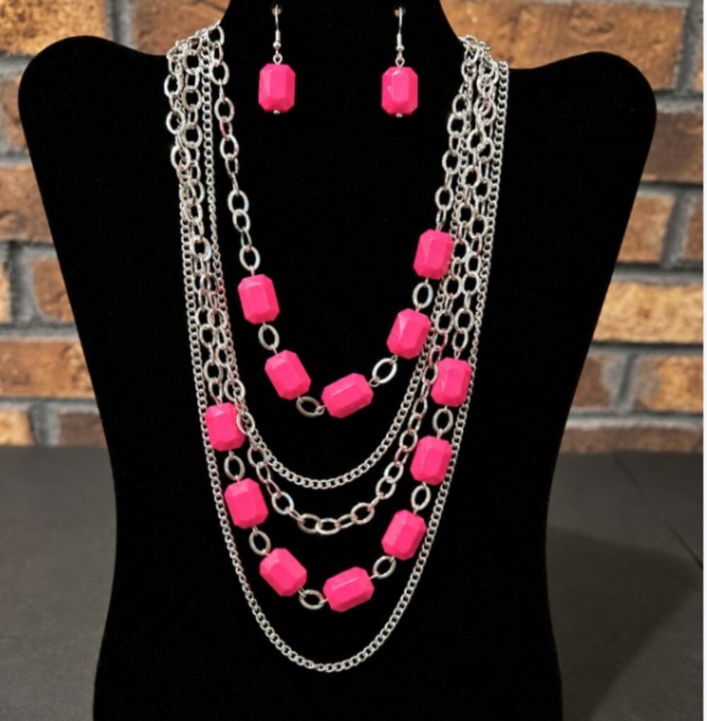 Multi Strand Silver Tone Chain Necklace Rectangular Pink Beads Matching Earrings